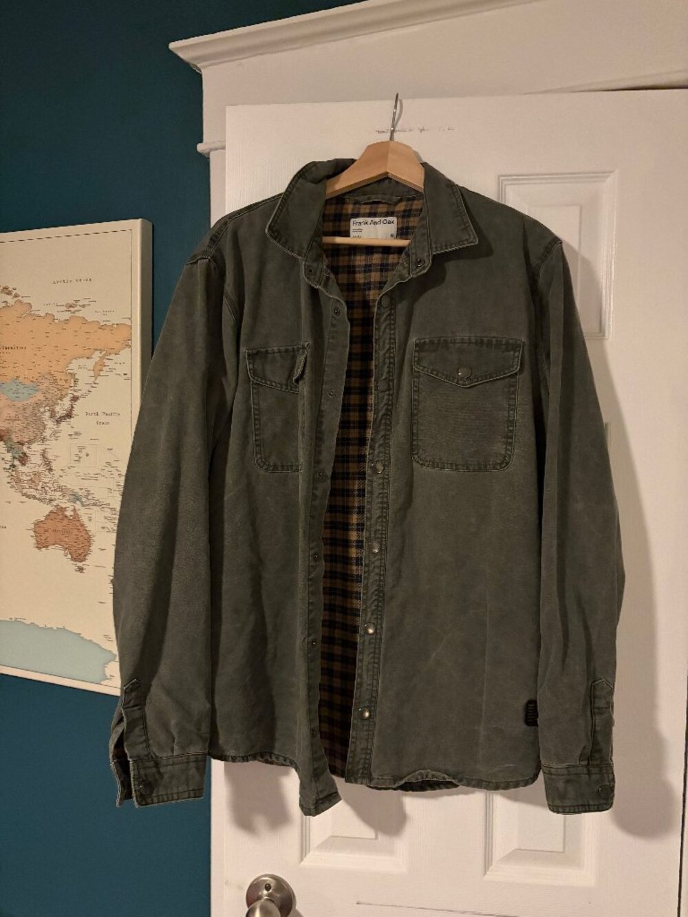 Frank And Oak Flannel Lined Canvas Shirt Jacket Olive Green Washed Shacket Sz M